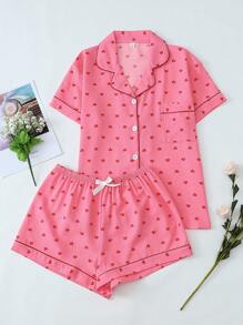 2 Pieces Women Heart Printed Short Sleeve Button Shirt Top And Shorts Sleepwear Set, Summer Casual Loungewear,Two Pieces Set