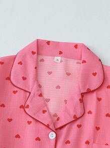 2 Pieces Women Heart Printed Short Sleeve Button Shirt Top And Shorts Sleepwear Set, Summer Casual Loungewear,Two Pieces Set