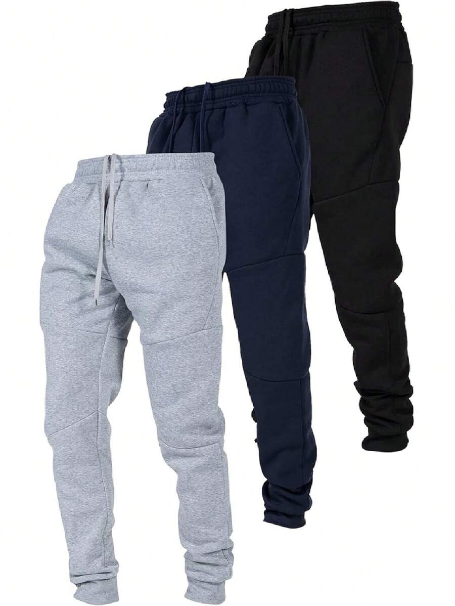 3 Pack Fleece Active Tech Joggers For Men, Mens Sweatpants With Zipper Pockets - Heather Grey / Navy / Black - View 1