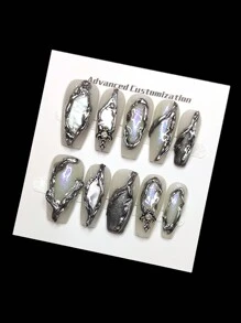 Handmade Green Ombre False Nails With 3D Silver Striped Rhinestone Design, Glossy Ballet Shape Chic And Sweet False Nails Suitable For Women And Girls Handmade Press On Nails - Multicolor - View 3