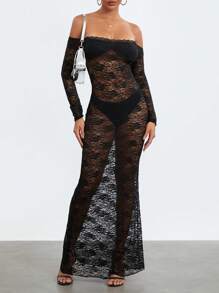 Women's 2025 Sheer Lace Maxi Dress - Spring Summer Off-Shoulder Slim Fit With Floral Cutouts, Day-To-Night Bohemian Beach To Club Wear‌ - Black - View 2
