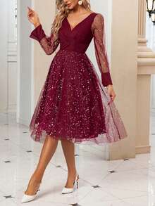 Women's Sparkling Mesh Long Sleeve A-Line Midi Dress With V-Neck For Christmas Party Cocktail - Burgundy - View 5
