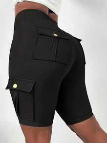 Plus Size Women Solid Color Pocket Design Sports Yoga Shorts - Black - View 1