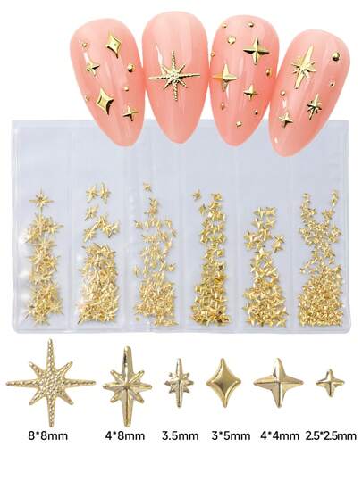 400Pcs 3D Star Nail Art Charms Set Golden&Silver Star Hexagram Rivets Studs For Diy Manicure 3D Metal Nail Decorations For Women Nail Tip Accessories Nail Supplies Nails Nail Gems