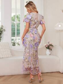 meilun 圆领刺绣不对称剪裁 3D 花卉泡泡袖中长连衣裙 - 紫色 - 查看 2