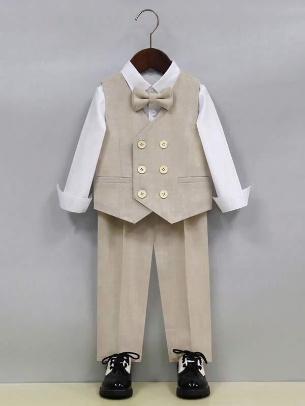 Young Boy's Gentlemen Suit Set - 1 Solid Color Double Breasted Vest, 1 Pair Of Pants, 1 Bowtie