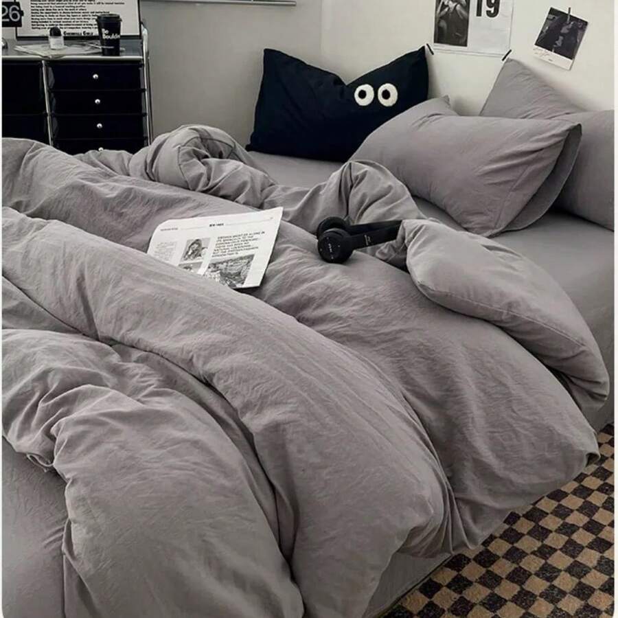 糖果色水洗系列 2 件/3 件床上用品套装，单人/双人尺寸 - 简约北欧风格 - 奢华缎面柔软床上用品套装 - 新年圣诞礼物 - 经典百搭简约 - 家居装饰 - 多种尺寸 - 信封枕套（无拉链） - 羽绒被套（带拉链） - 酒店旅馆宿舍床上用品