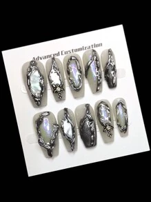 Handmade Green Ombre False Nails With 3D Silver Striped Rhinestone Design, Glossy Ballet Shape Chic And Sweet False Nails Suitable For Women And Girls Handmade Press On Nails - Multicolor - View 2