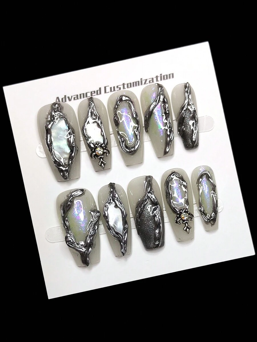 Handmade Green Ombre False Nails With 3D Silver Striped Rhinestone Design, Glossy Ballet Shape Chic And Sweet False Nails Suitable For Women And Girls Handmade Press On Nails