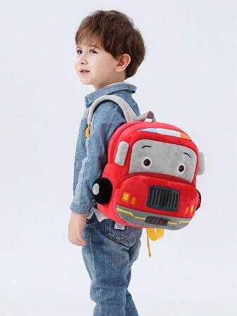 1pc Cartoon Fire Truck Backpack For Kids Boys Girls Aged 2-4, Plush Toddler Backpack For Daily Use