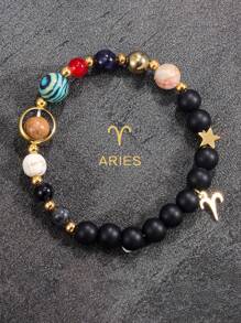 12 星座手链 - 白羊座、金牛座、双子座、巨蟹座、狮子座、处女座、天秤座、天蝎座、射手座、摩羯座、水瓶座、双鱼座、女士/男士礼物、虎眼石串珠手链、友谊礼物、创意星球手链、圣诞节、新年、情人节节日礼物