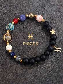 12 星座手链 - 白羊座、金牛座、双子座、巨蟹座、狮子座、处女座、天秤座、天蝎座、射手座、摩羯座、水瓶座、双鱼座、女士/男士礼物、虎眼石串珠手链、友谊礼物、创意星球手链、圣诞节、新年、情人节节日礼物