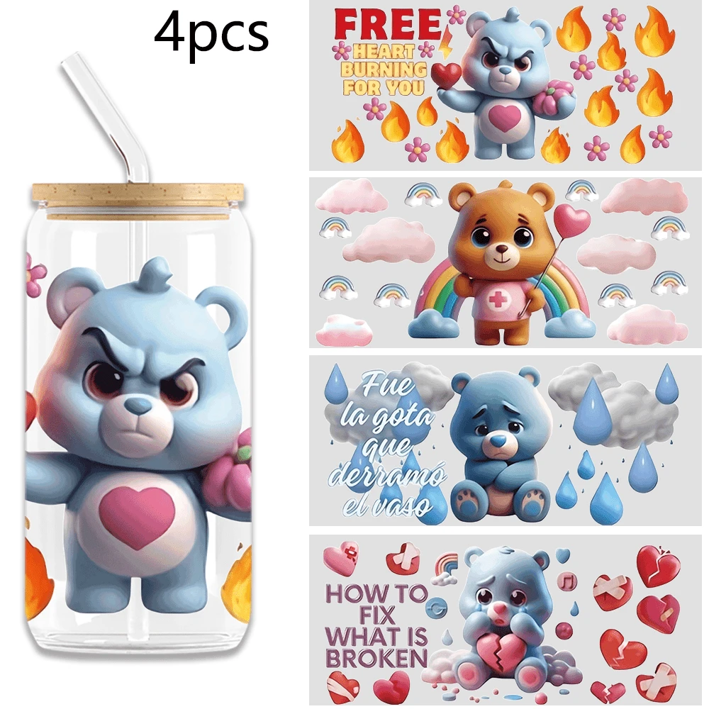 NJCHARMS 6 件 UV DTF 转印杯贴纸。Emo Bear 主题 UV DTF 转印贴纸。适用于 16OZ Libbey 玻璃杯、马克杯、马克杯。高品质 3D 防刮自粘贴纸。非常适合 DIY 工艺品和作为礼物赠送。