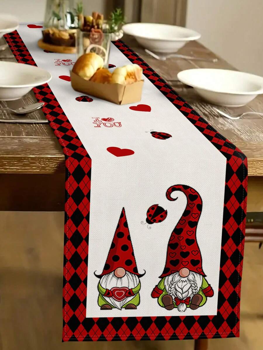 1 szt. Bieżnik na stół z motywem biedronki i krasnala na Walentynki, flaga na stół do dekoracji domu na Walentynki, artykuły na imprezy wewnątrz i na zewnątrz, dekoracja pokoju, nadaje się do dekoracji kuchni w domu na Walentynki i dekoracji na imprezę świąteczną - Wielokolorowe - Zobacz 1