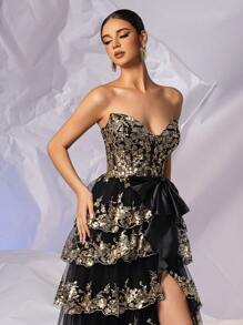 Luxury Sparkly Sequin Applique Prom Dresses With Tiered Layer Hem, Big Bowknot Elaborate Tulle Formal Evening Gown With High Split Spaghetti Strap Cross Back, Homecoming Dresses Party Dress Wedding Guest Dress - 黑色 - 查看 8