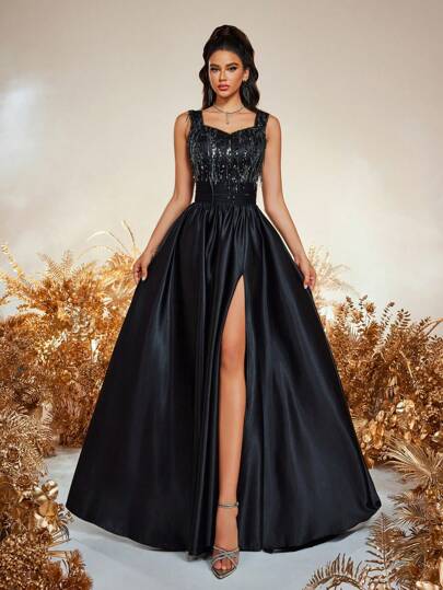 Women's Elegant Sequins Tassel Thigh Slit Black Formal Dress Evening Gown Ball Banquet Event Dresses & Prom Dress & Wedding Guest Dress Backless Dress Suitable For Dinner,Graduation, Valentine's Day, New Year Party, Holiday, Easter