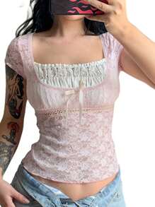Women Summer T-Shirt, Lace Splicing Square-Neck Short Sleeve Crop Tops Camisole For Girls, S/M/L, Pink