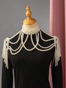 优雅珍珠新娘肩项链手工空心仿珍珠躯干链婚纱披肩 - 白色 - 查看 10