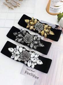 1pc White Rose With Rhinestones Decorative Elastic Waist Belt, Elegant Fashion Accessory For Dresses And Down Jackets Summer, School Fall, Autumn, Halloween