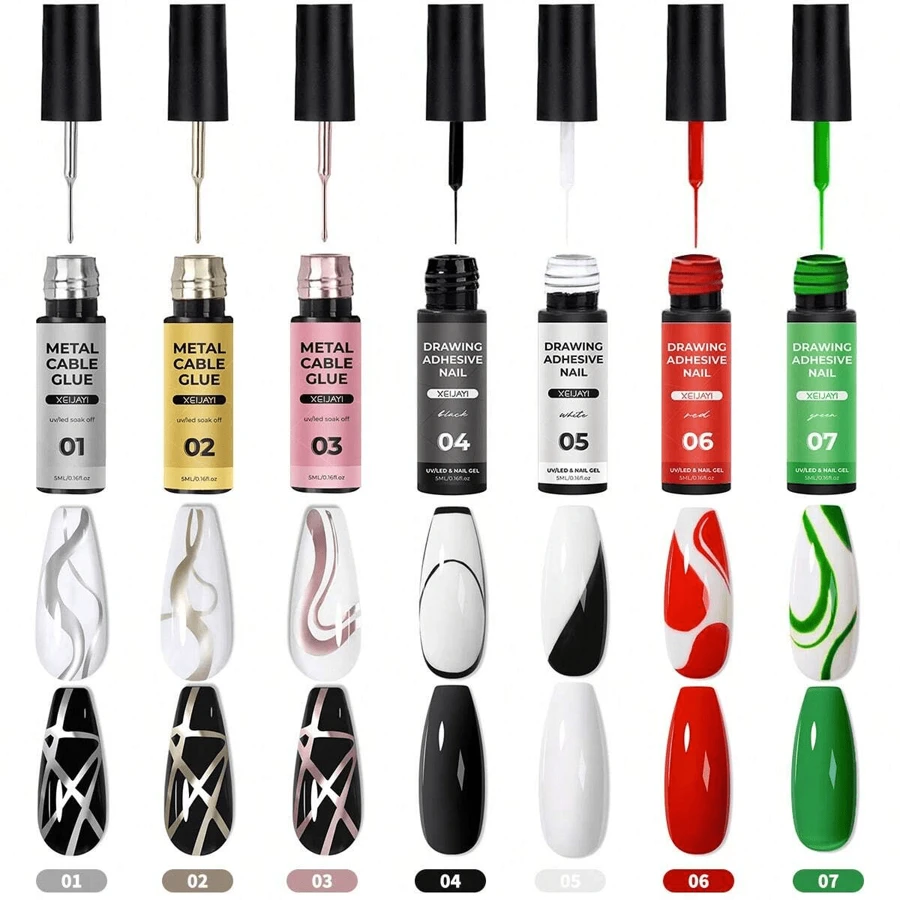 XEIJAYI 7支装5毫升指甲油，7种颜色可选，金色、银色、闪粉、亮片，可卸UV/LED凝胶，法式美甲，在家即可轻松打造美甲造型 - 彩色 - 查看 1