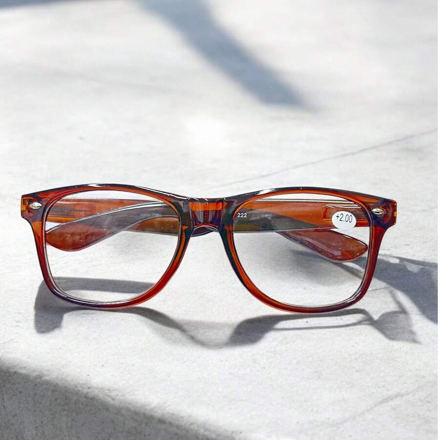 1 Piece Unisex Rivet Progressive Reading Glasses, With Square Frame Spring Hinges, 15 Magnification Levels To Choose From. - Coffee Brown - View 1