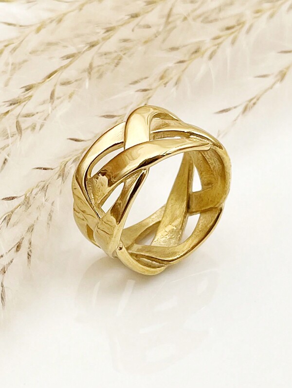 Mazuer 1pc 18K Gold Plated Stainless Steel Woven Basket Design Ring, Stylish & Unique Jewelry Gift For Women, Suitable For Beach, Easter, Thanksgiving, Parties, Daily Commute, Spring/Summer