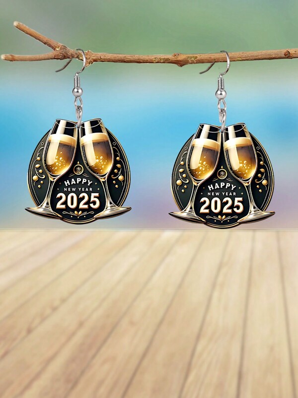 Happy New Year 2025 Acrylic Earrings Chic Wine Glass Pattern Drop Earrings Holiday Earrings Fashion Earrings Jewelry New Year Gifts For Women