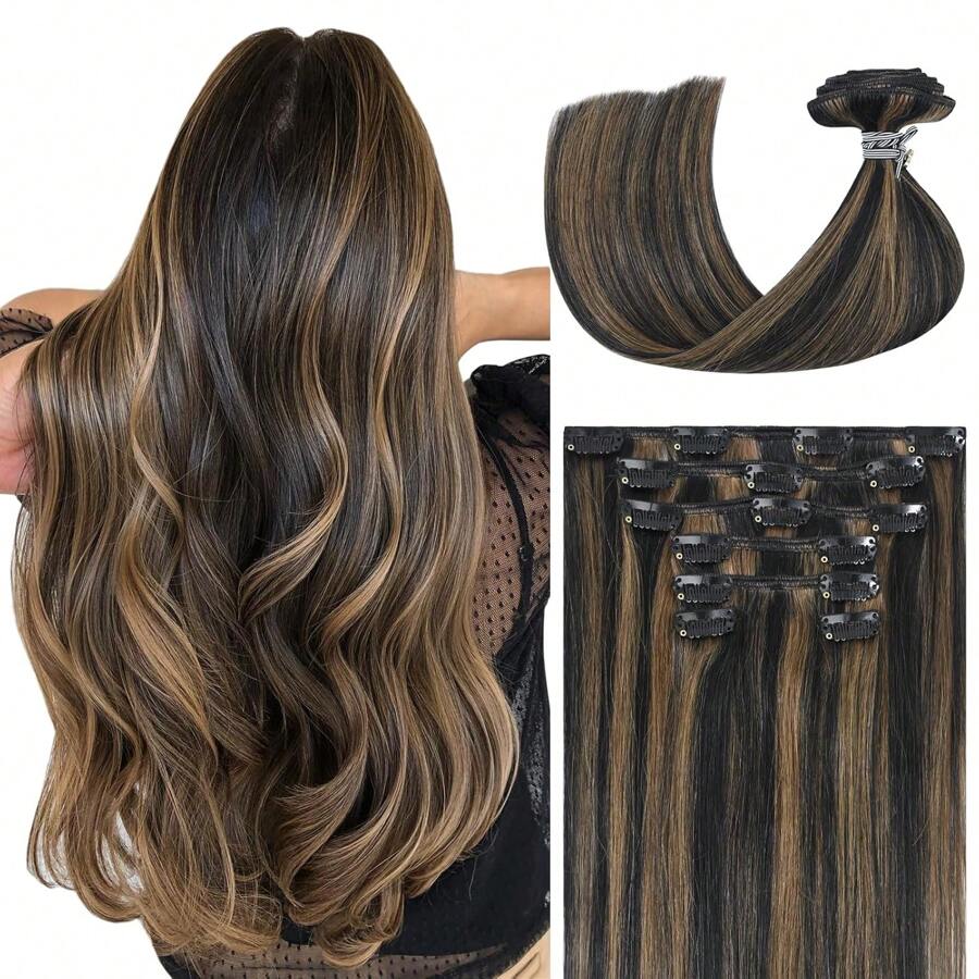 Balayage 自然黑色至栗棕色夹式接发真人发夹式接发雷米隐形自然直发无缝夹式接发 8 件双纬 18 英寸 80 克 - S1B/6/1B - 查看 1