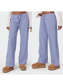Women Y2k Striped Pajama Pants Elastic Waist Tie-Up Loose Lounge Pants Low Rise Pajama Pants Lounge Wear Trousers Fall Sft Comfy Sleepwear - 藍色 - 查看 2