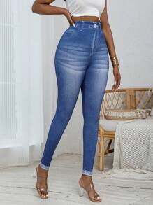 Women's Tight-Fit Leggings With All-Over Denim Effect, High Stretch, Casual Sports Pants, Comfortable Knit Trousers - Blue - View 3