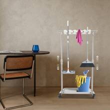 Broom And Mop Holder Cleaning Supplies Organizer Mop Organizer Height Adjustable 34.3-51.2in Freestanding Broom Holder W/4 Lockable Universal Wheels 5 Slots 6 Hooks For Home Restaurant Hotel
