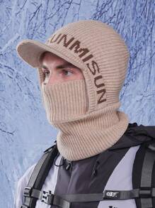 1pc Men's Autumn/Winter Letter Cycling Neck Warmer & Beanie Set, Casual Windproof Knitted Embroidered Ski Hat