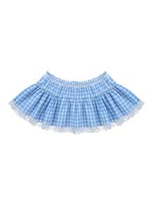 Women Gingham Plaid Miniskirt, Adults Sexy Lace Trim Princess Pleating Skirt Pink, Blue - Màu xanh lam - Xem 6