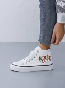 Women's Creative Christmas Graphic Mid-Top Flat Canvas Sneakers, Simple Design, White Canvas Material, Casual Daily Wear
