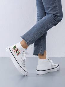 Women's Creative Christmas Graphic Mid-Top Flat Canvas Sneakers, Simple Design, White Canvas Material, Casual Daily Wear