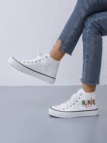 Women's Creative Christmas Graphic Mid-Top Flat Canvas Sneakers, Simple Design, White Canvas Material, Casual Daily Wear