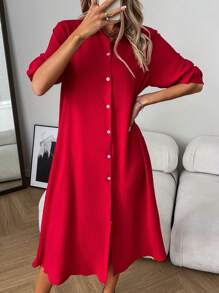 Abito camicia casual lungo con maniche lunghe da donna alla moda - Rosso - Visualizzare 1