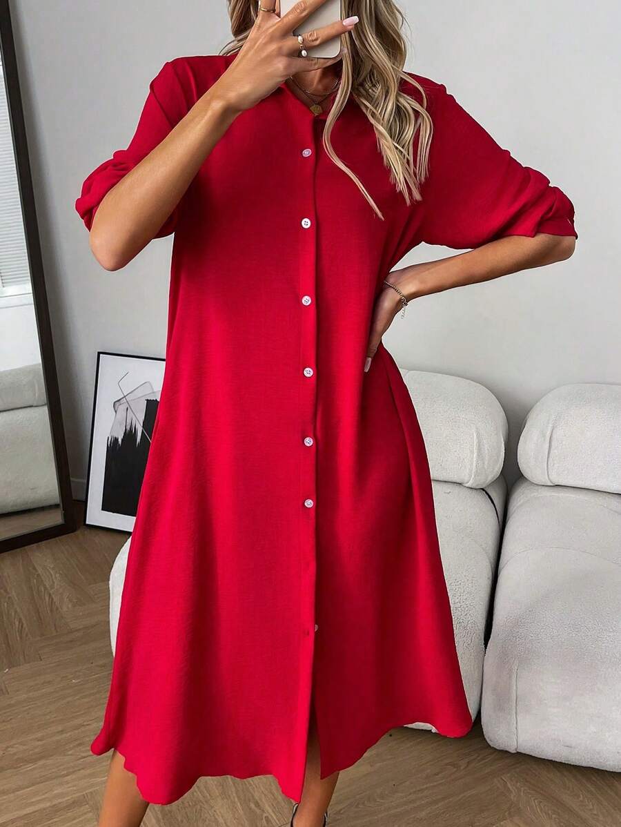 Abito camicia casual lungo con maniche lunghe da donna alla moda - Rosso - Visualizzare 1