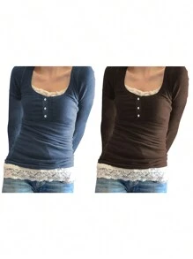 Women Fashion Lace Stitching T-Shirt Long Sleeve Sweet Temperament Shirts Square Neck Spring Fall Tops - màu nâu - Xem 5