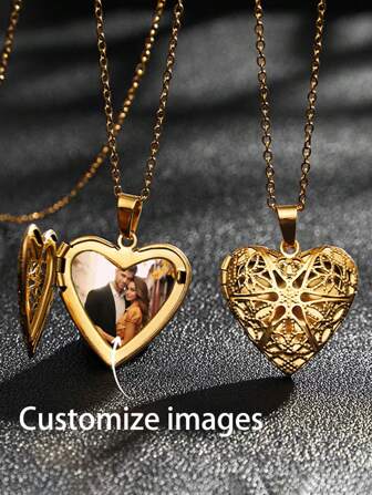 Custom Openable Hollow Heart Locket Necklace, Customizable Photo Frame Box Pendant Necklace, Creative Openwork Jewelry Gift For Partner Valentines,Gold,Stylish,Colorful,Vintage,Hipster,Simple,Y2k,2000s Fashion,Custom,Personalized,Unique,Ideal Gifts For Him,Ideal Gifts For Her,Her,Boyfriend,Girlfriend,Dad,Mom,Family,Friends,For Anniversaries,For Birthdays,For Graduation,For Prom,For Party,Jewelry Women