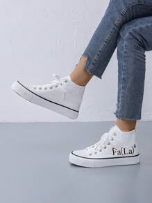 Women's Creative Christmas 'Fala' Printed Mid-Top Flat Canvas Shoes, Simple Style, White Canvas Fabric, Casual Sneakers For Daily Wear, All Season