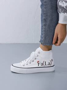 Women's Creative Christmas 'Fala' Printed Mid-Top Flat Canvas Shoes, Simple Style, White Canvas Fabric, Casual Sneakers For Daily Wear, All Season