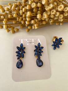 Emerald Green Navy Blue Fuchsia Party Earring And Ring - Blue - View 1