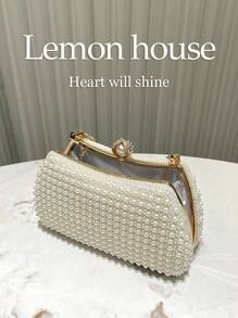 1 pieza Bolso de embrague elegante y vintage con cuentas, color blanco marfil, con correa de cadena de metal, adecuado para eventos formales, bodas, fiestas, conciertos, regalo para mujeres - Beis - Ver 6