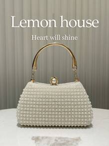 1 pieza Bolso de embrague elegante y vintage con cuentas, color blanco marfil, con correa de cadena de metal, adecuado para eventos formales, bodas, fiestas, conciertos, regalo para mujeres - Beis - Ver 1