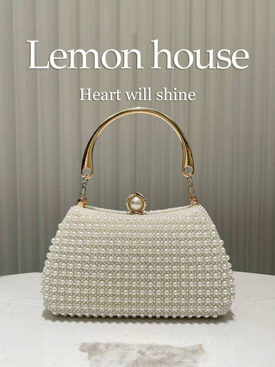 1 pieza Bolso de embrague elegante y vintage con cuentas, color blanco marfil, con correa de cadena de metal, adecuado para eventos formales, bodas, fiestas, conciertos, regalo para mujeres - Beis - Ver 1