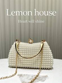 1 pieza Bolso de embrague elegante y vintage con cuentas, color blanco marfil, con correa de cadena de metal, adecuado para eventos formales, bodas, fiestas, conciertos, regalo para mujeres - Beis - Ver 3