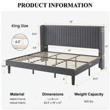SHA CERLIN Full/Queen/King Size Velvet Bed Frame With Vertical Channel Tufted Wingback Headboard, Upholstered Platform Bed With Wood Slats, No Box Spring Needed, Easy Assembly, Teal|White|Black|Blue|Green|Teal * Bed Frame Queen Queen Bed Frame Bed Frame Full Full Size Bed Frame King Size Bed Frame Twin Bed Frame Room Decor Home Decor Christmas Decor Bedroom Decor Valentine Day Decor Storage Living Room Decor Furniture House Decor - 灰色 - 查看 8