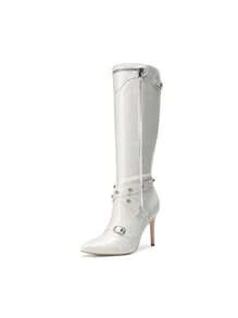 DREAM PAIRS Women's Metallic Stiletto Heeled Knee High Boots Sexy Fashion Pointed Toe Dress Boots With Stud And Zipper Tassel - trắng - Xem 1