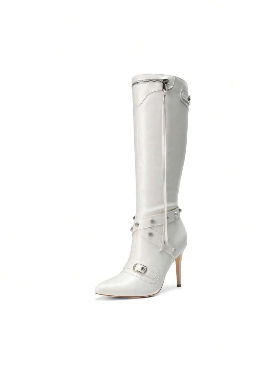 DREAM PAIRS Women's Metallic Stiletto Heeled Knee High Boots Sexy Fashion Pointed Toe Dress Boots With Stud And Zipper Tassel - trắng - Xem 1
